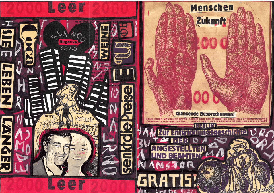 Die Abbildung zeigt die Aussenseite der Einaldungskarte der Ausstellung "Kaliyugabilder" des Künstlers Keno. Es ist eine Text-Bild Collage in rot-schwarz gehalten.