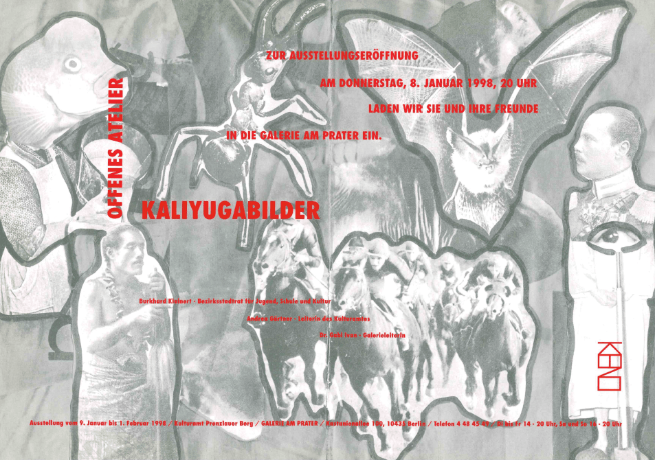 Die Abbildung zeigt das Innere der aufklappbaren Einladungskarte. Es ist eine schwarz-weiß Bildcollage mit Tieren und Menschen. In roter Schrift sind die Informationen zur Eröffnung gedruckt.