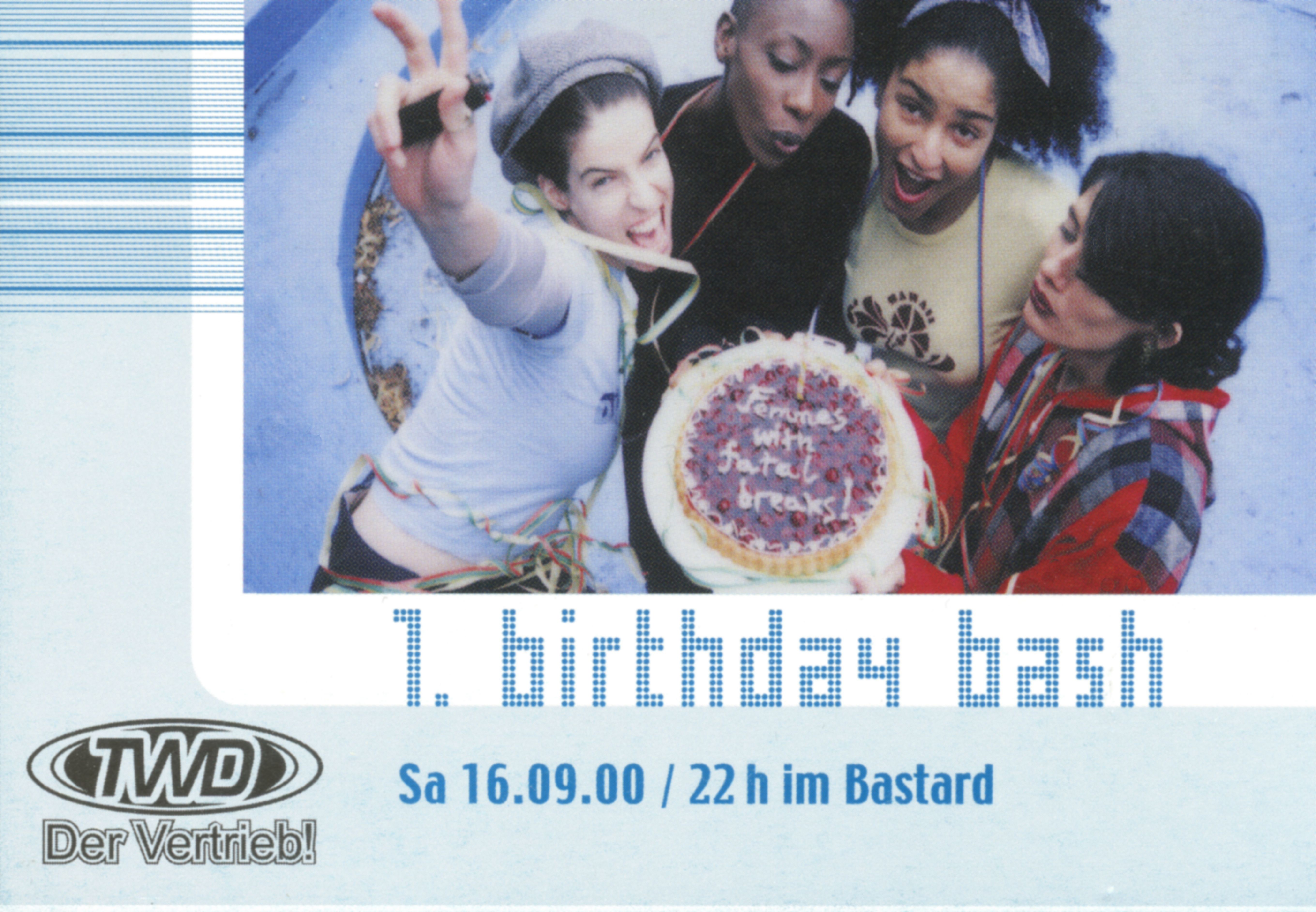 Flyer zum einjährigen Jubiläum der Femmes with Fatal Breaks am 16.09.2000 um 22 Uhr im Bastard.