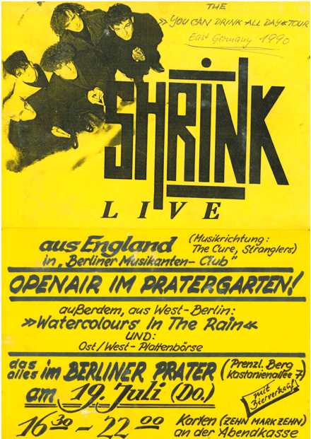 Gelbes Plakat der Band Shrink zur Ankündigung ihres Konzerts am 19. Juli 1990 im Prater Garten. Abgebildet sind oben links die fünf Bandmitglieder.